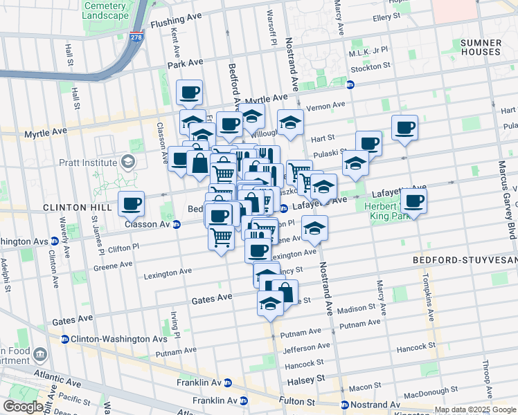 map of restaurants, bars, coffee shops, grocery stores, and more near 1005 Bedford Avenue in Brooklyn