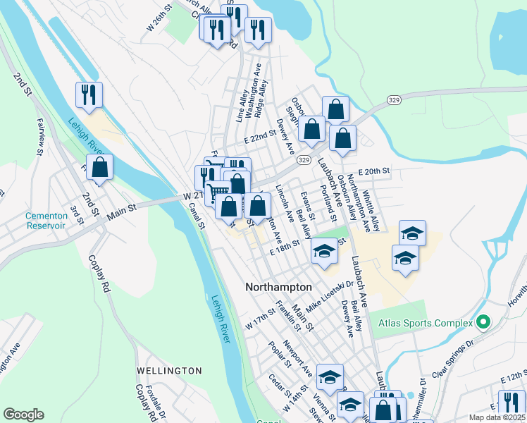 map of restaurants, bars, coffee shops, grocery stores, and more near 1922 Washington Avenue in Northampton