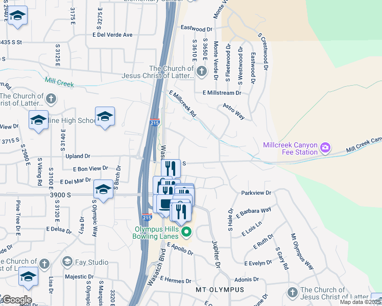 map of restaurants, bars, coffee shops, grocery stores, and more near 3600 Monza Dr in Salt Lake City