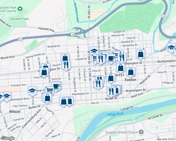 map of restaurants, bars, coffee shops, grocery stores, and more near 1251 Ferry Street in Easton