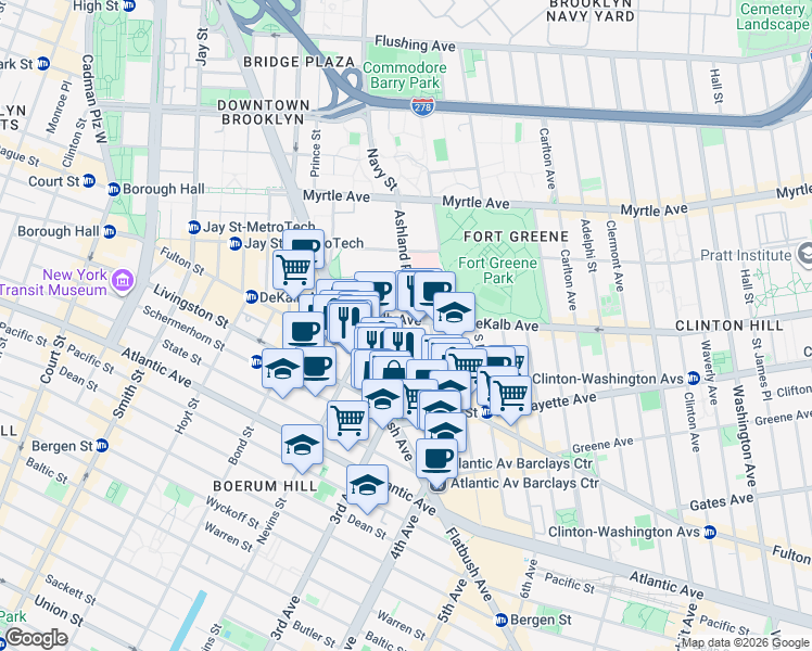 map of restaurants, bars, coffee shops, grocery stores, and more near 98 DeKalb Avenue in Brooklyn