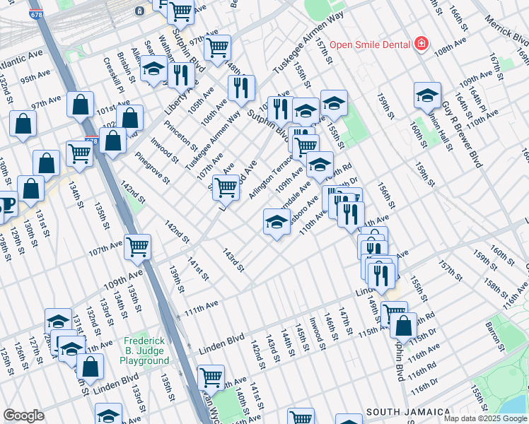 map of restaurants, bars, coffee shops, grocery stores, and more near 145-02 109th Avenue in Queens