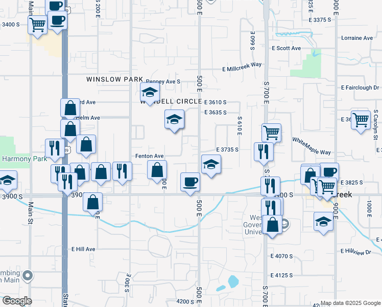 map of restaurants, bars, coffee shops, grocery stores, and more near 3780 500 East in South Salt Lake