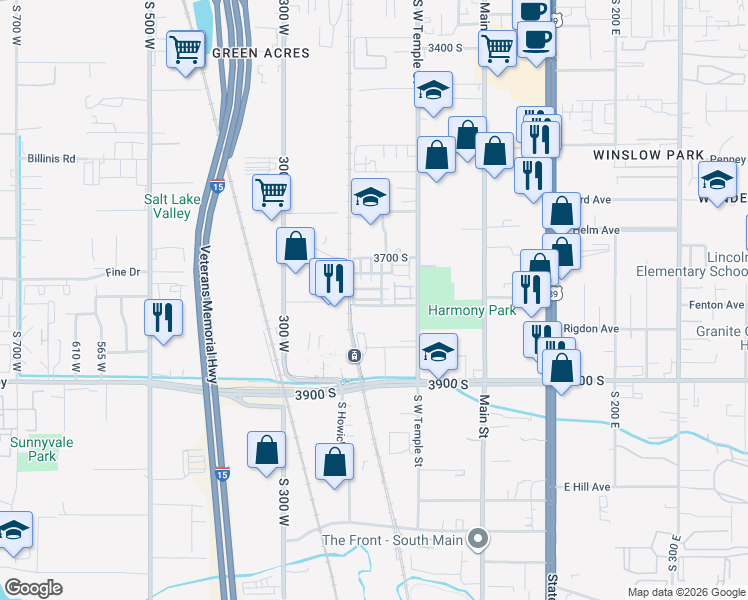 map of restaurants, bars, coffee shops, grocery stores, and more near 145 Plymouth Avenue in South Salt Lake