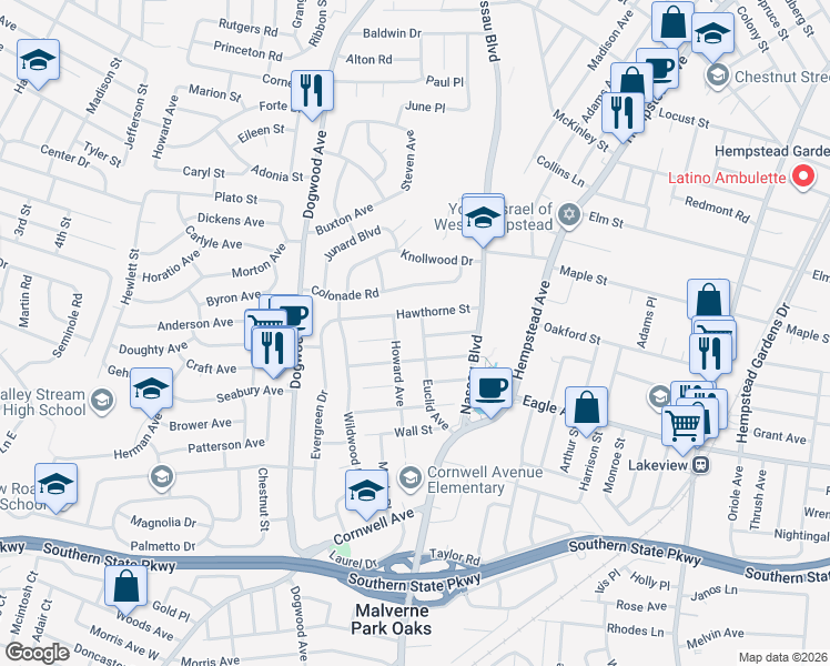 map of restaurants, bars, coffee shops, grocery stores, and more near 638 Washington Street in West Hempstead