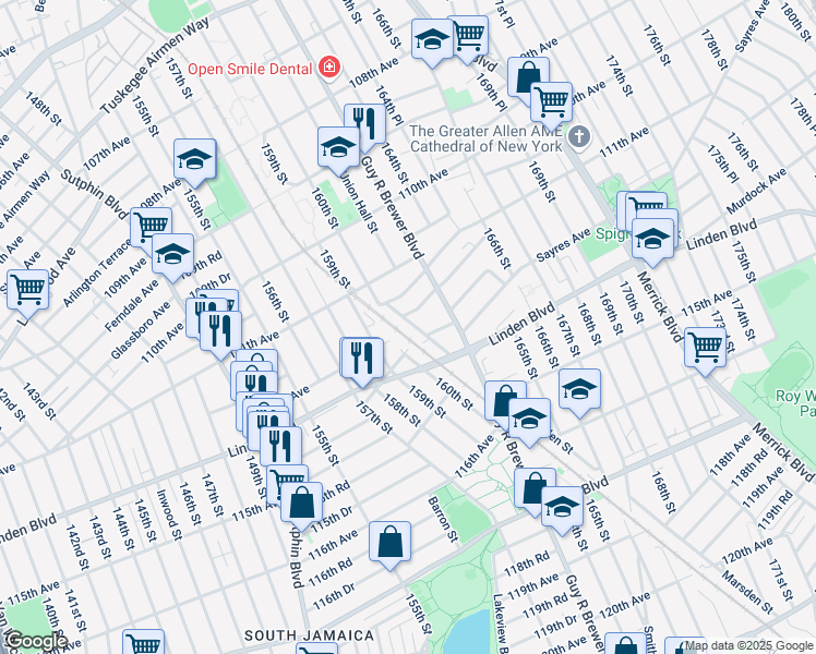 map of restaurants, bars, coffee shops, grocery stores, and more near 112-63 Bedell Street in Queens