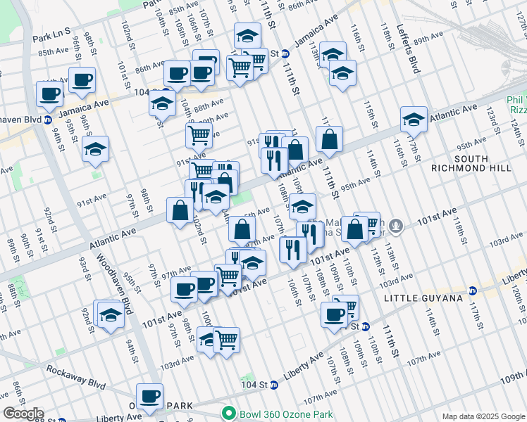 map of restaurants, bars, coffee shops, grocery stores, and more near 95-15 105th Street in Queens