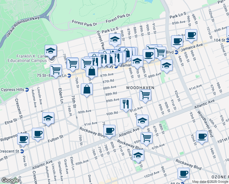 map of restaurants, bars, coffee shops, grocery stores, and more near 80-37 89th Avenue in Queens