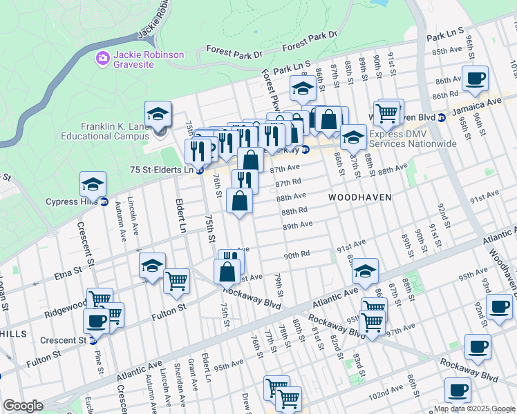 map of restaurants, bars, coffee shops, grocery stores, and more near 88-29 78th Street in Queens