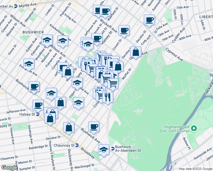 map of restaurants, bars, coffee shops, grocery stores, and more near 183 Cooper Street in Brooklyn