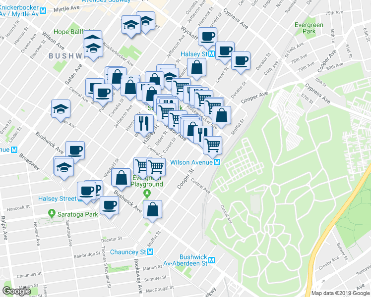 map of restaurants, bars, coffee shops, grocery stores, and more near 168 Schaefer Street in Brooklyn
