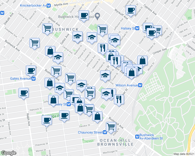 map of restaurants, bars, coffee shops, grocery stores, and more near 155 Eldert Street in Brooklyn