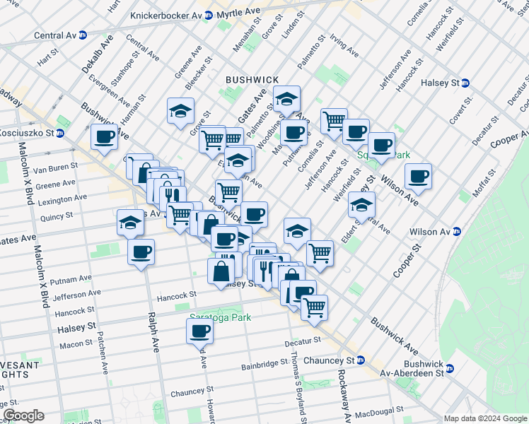map of restaurants, bars, coffee shops, grocery stores, and more near 1151 Bushwick Avenue in Brooklyn