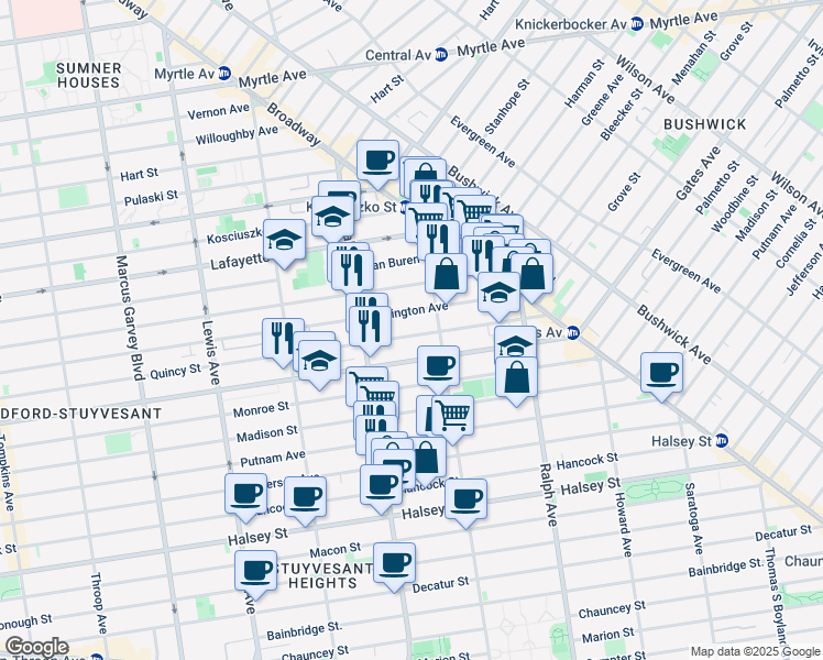 map of restaurants, bars, coffee shops, grocery stores, and more near 921 Gates Avenue in Brooklyn