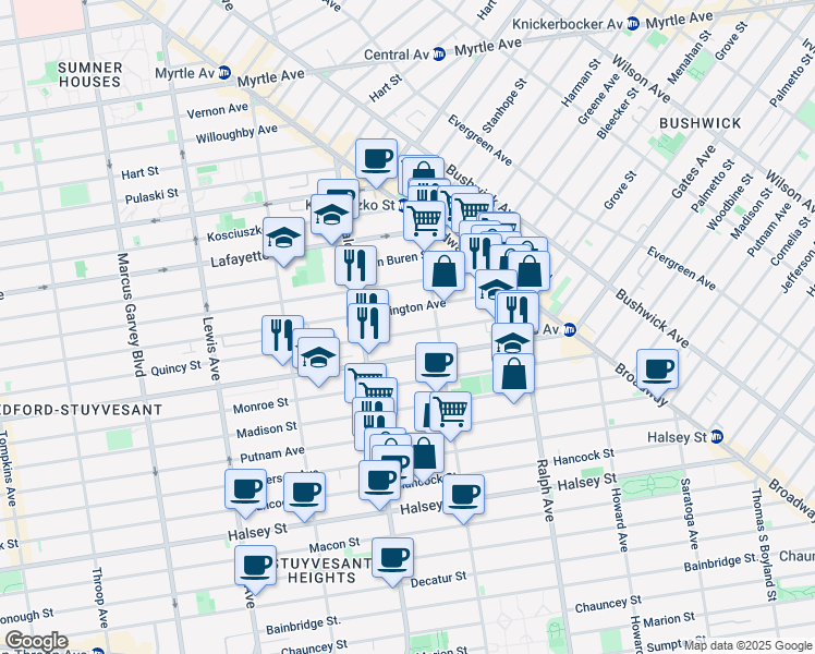 map of restaurants, bars, coffee shops, grocery stores, and more near 921 Gates Avenue in Brooklyn