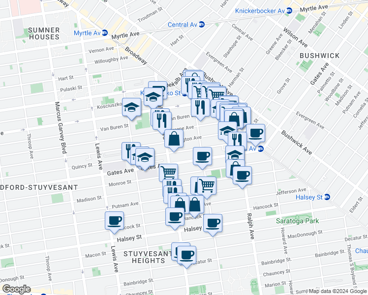 map of restaurants, bars, coffee shops, grocery stores, and more near 921 Gates Avenue in Brooklyn