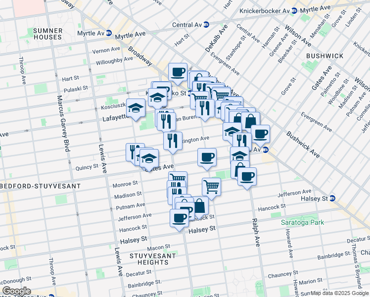 map of restaurants, bars, coffee shops, grocery stores, and more near 921 Gates Avenue in Brooklyn
