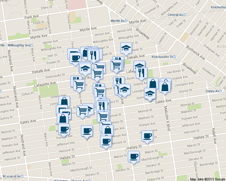 map of restaurants, bars, coffee shops, grocery stores, and more near 554A Lexington Avenue in Brooklyn