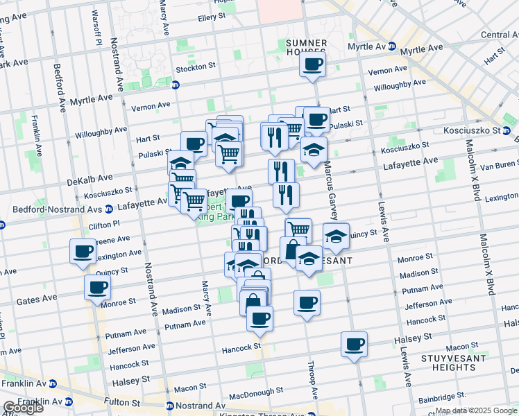 map of restaurants, bars, coffee shops, grocery stores, and more near 438 1/2 Lexington Avenue in Brooklyn