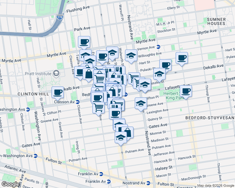 map of restaurants, bars, coffee shops, grocery stores, and more near 1068 Bedford Avenue in Brooklyn
