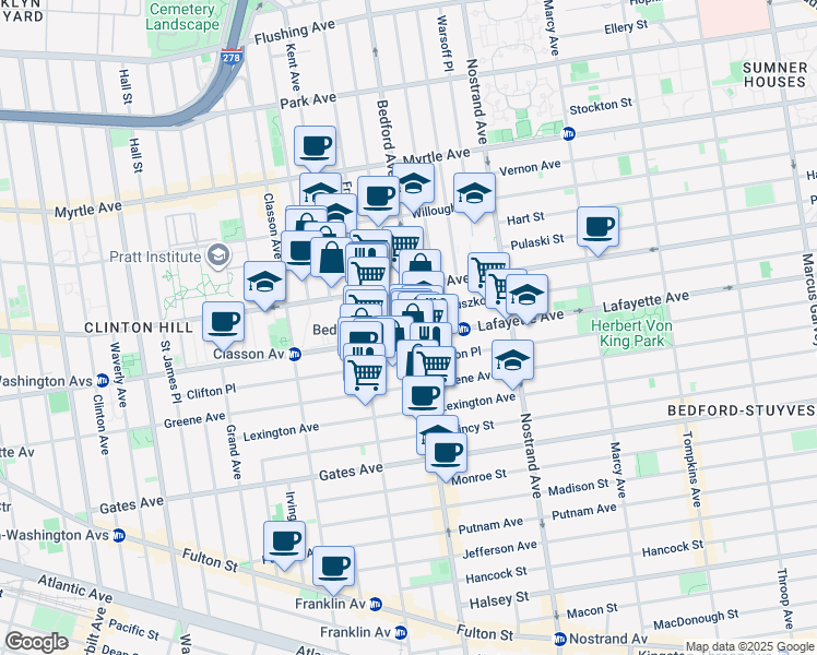 map of restaurants, bars, coffee shops, grocery stores, and more near 476 Lafayette Avenue in Brooklyn