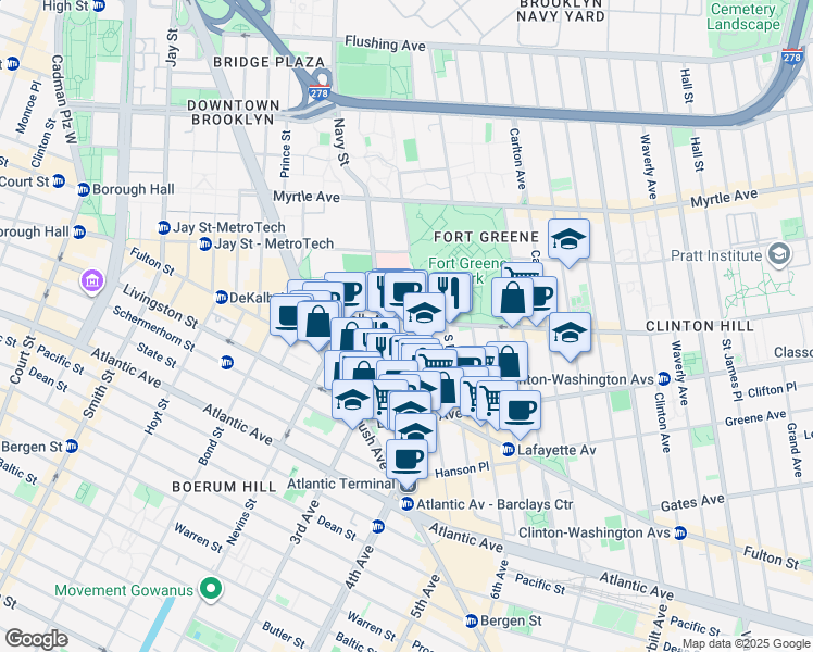 map of restaurants, bars, coffee shops, grocery stores, and more near 26 Fort Greene Place in Brooklyn