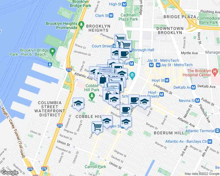 map of restaurants, bars, coffee shops, grocery stores, and more near 174 Pacific Street in Brooklyn