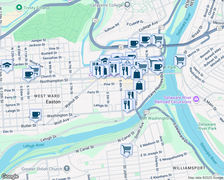 map of restaurants, bars, coffee shops, grocery stores, and more near 119 South 5th Street in Easton