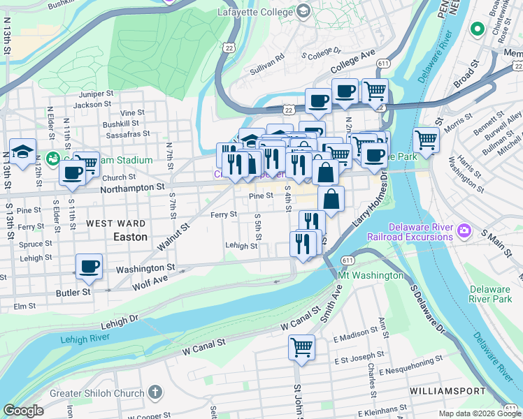 map of restaurants, bars, coffee shops, grocery stores, and more near 121 South 5th Street in Easton