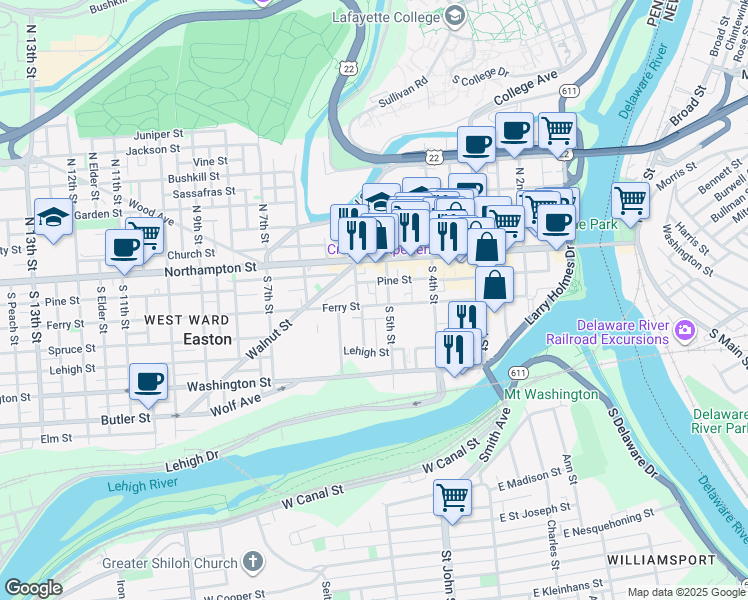 map of restaurants, bars, coffee shops, grocery stores, and more near 121 South 5th Street in Easton