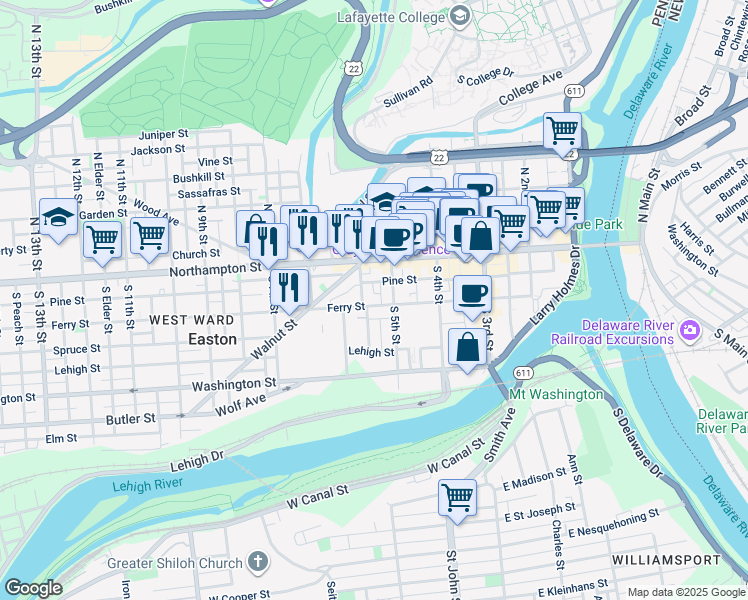 map of restaurants, bars, coffee shops, grocery stores, and more near 123 South 6th Street in Easton