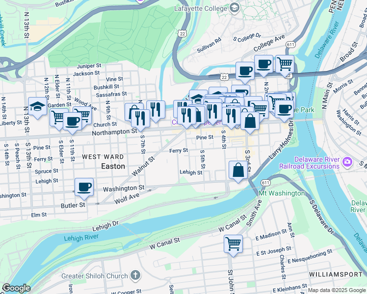 map of restaurants, bars, coffee shops, grocery stores, and more near 123 South 6th Street in Easton
