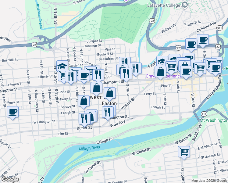 map of restaurants, bars, coffee shops, grocery stores, and more near in Easton
