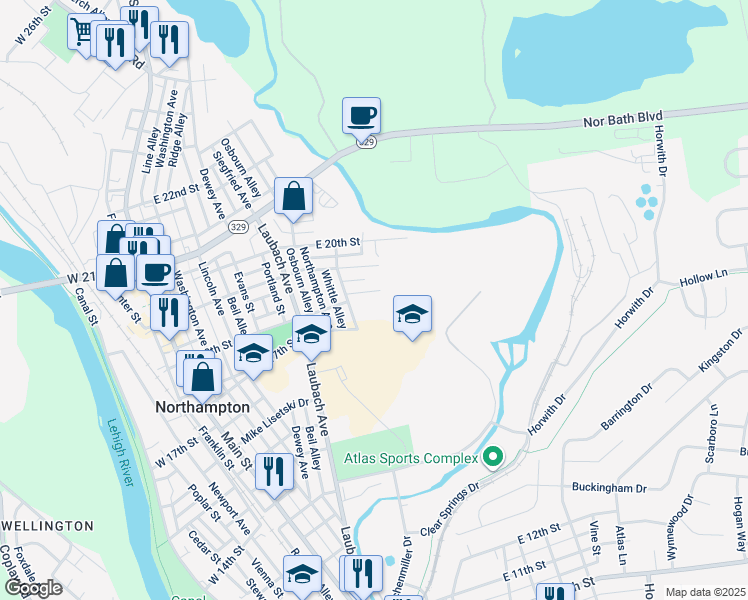 map of restaurants, bars, coffee shops, grocery stores, and more near 712 East 18th Street in Northampton