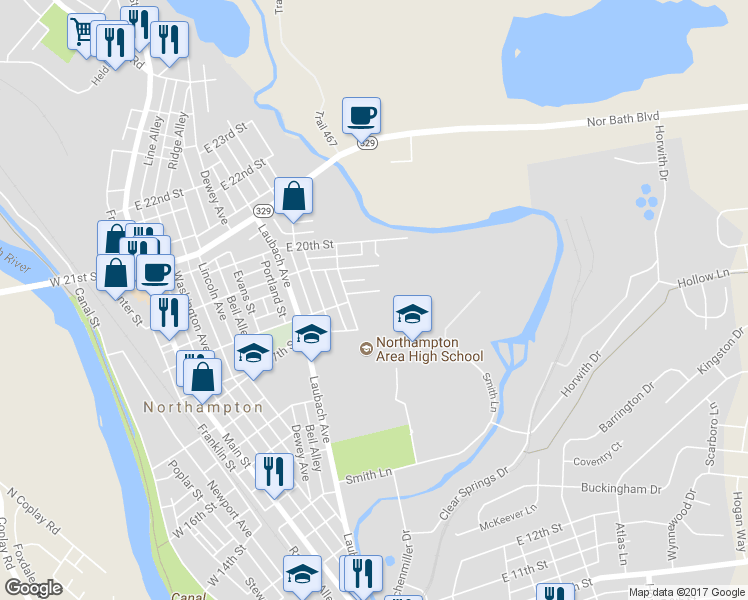 map of restaurants, bars, coffee shops, grocery stores, and more near 712 East 18th Street in Northampton