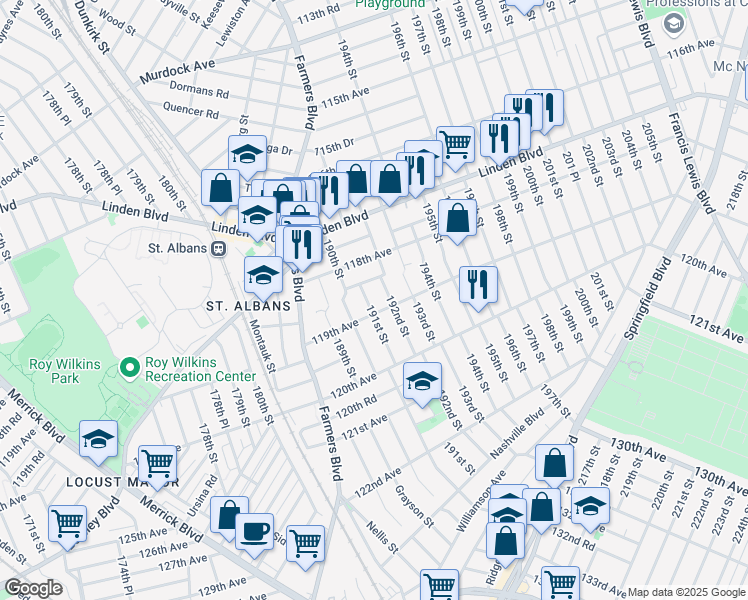 map of restaurants, bars, coffee shops, grocery stores, and more near 118-41 191st Street in Queens