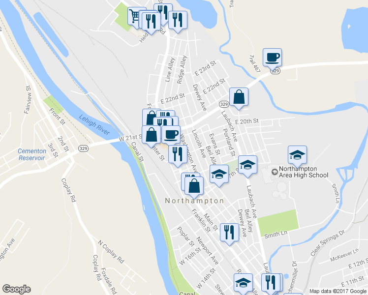 map of restaurants, bars, coffee shops, grocery stores, and more near 1922 Washington Avenue in Northampton