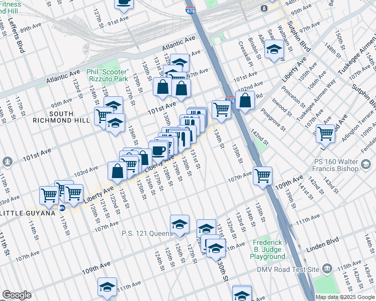 map of restaurants, bars, coffee shops, grocery stores, and more near 105-01 130th Street in Queens