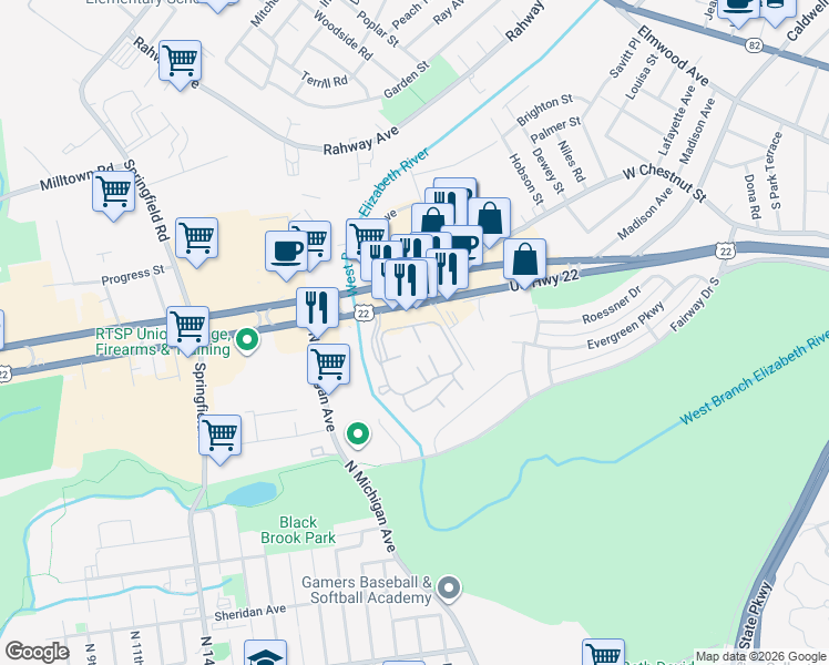 map of restaurants, bars, coffee shops, grocery stores, and more near 165 Country Club Drive in Union