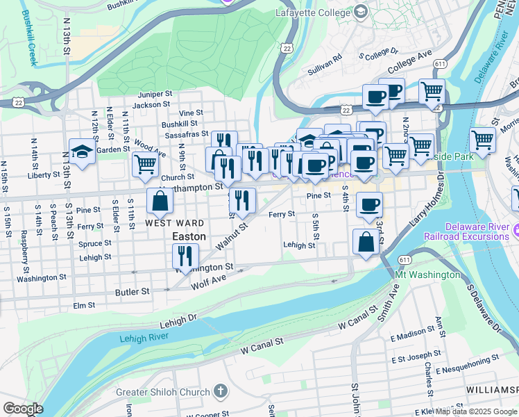 map of restaurants, bars, coffee shops, grocery stores, and more near 661 Walnut Street in Easton