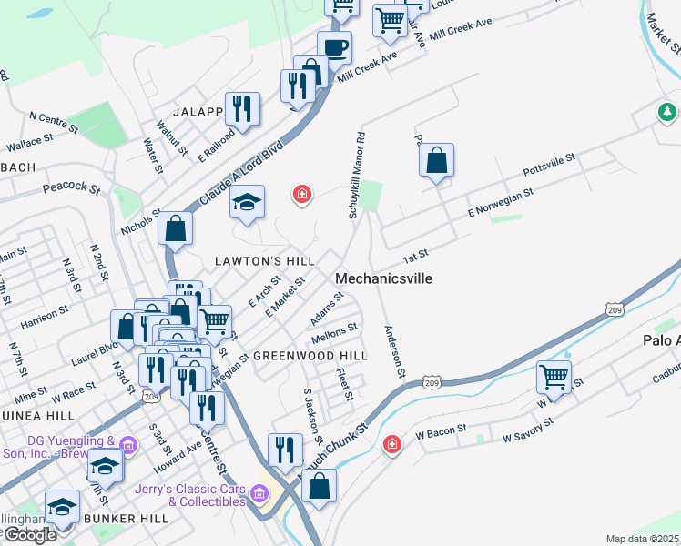 map of restaurants, bars, coffee shops, grocery stores, and more near 613 East Norwegian Street in Pottsville