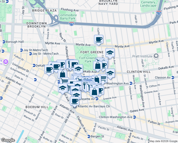 map of restaurants, bars, coffee shops, grocery stores, and more near Dekalb Ave & S Portland Ave in Brooklyn