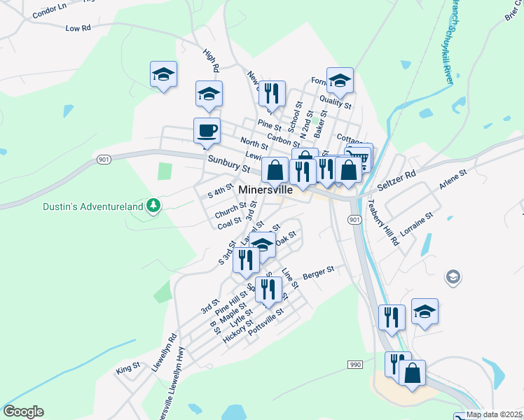 map of restaurants, bars, coffee shops, grocery stores, and more near 229 South Water Street in Minersville
