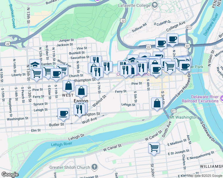 map of restaurants, bars, coffee shops, grocery stores, and more near 661 Walnut Street in Easton