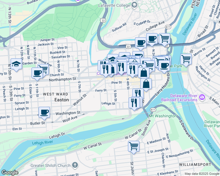 map of restaurants, bars, coffee shops, grocery stores, and more near 121 South 5th Street in Easton