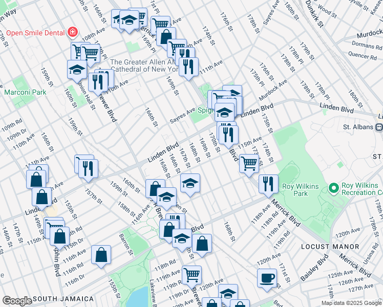 map of restaurants, bars, coffee shops, grocery stores, and more near 114-46 167th Street in Queens