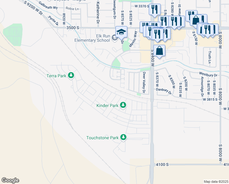map of restaurants, bars, coffee shops, grocery stores, and more near 8616 West Beckville Drive in Magna