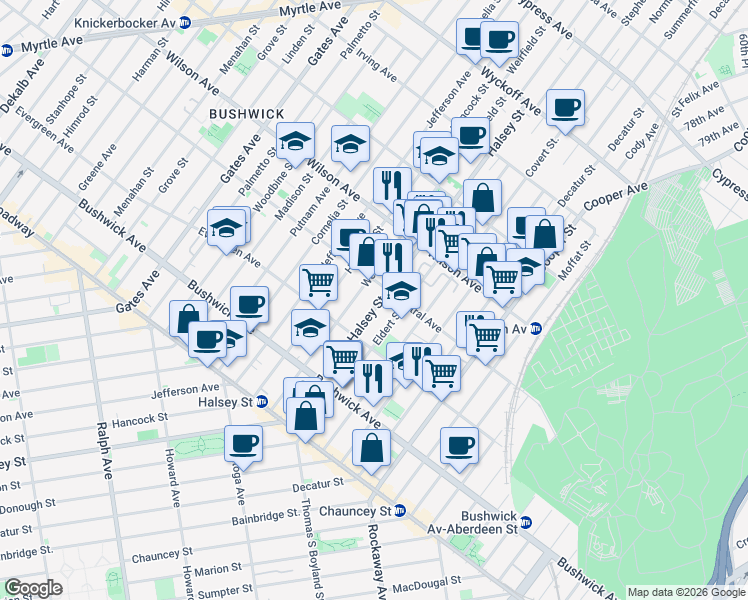 map of restaurants, bars, coffee shops, grocery stores, and more near 155 Eldert Street in Brooklyn