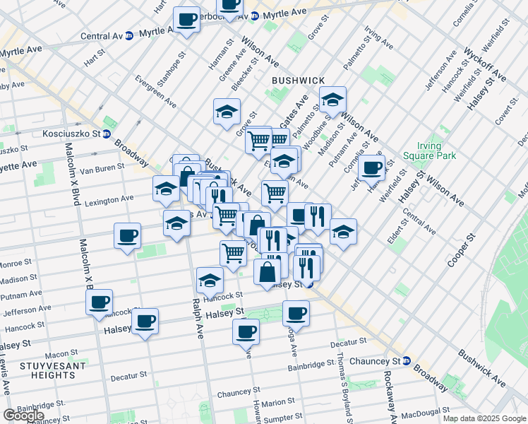 map of restaurants, bars, coffee shops, grocery stores, and more near 984 Madison Street in Brooklyn