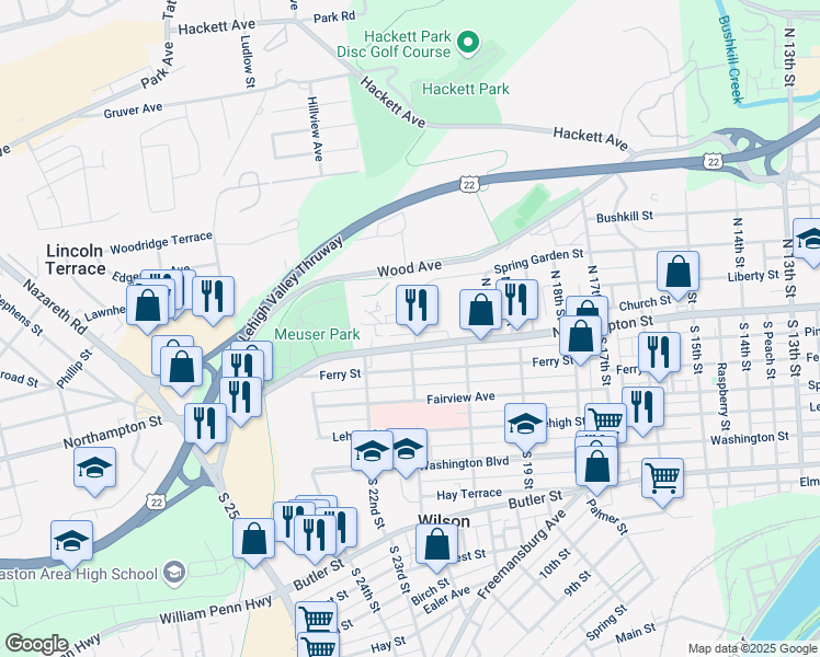 map of restaurants, bars, coffee shops, grocery stores, and more near 20 North 21st Street in Easton